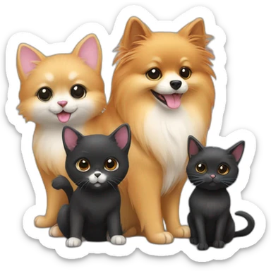 a pomeranian, a black cat and a gray mouse hold hands sticker
