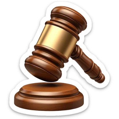An emoji representing justice and penalty. A wooden judge's gavel striking a sound block, symbolizing a legal decision or punishment. The design is simple, 3D, and slightly glossy, resembling official court decisions sticker
