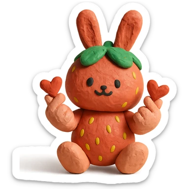 strawberry bunny making finger hearts, claymation style sticker