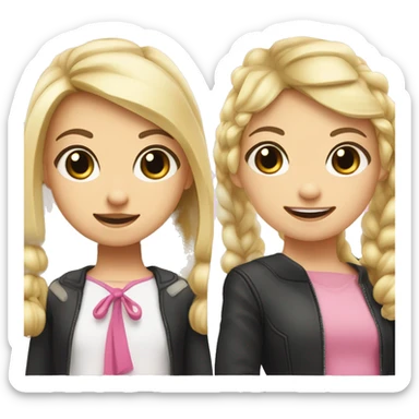 A gap toothed girl with blonde left hair and black right hair split with pigtails that both have two average sized pink bows sticker