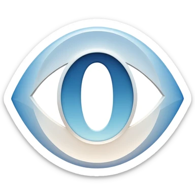 stylized white capital letter O in almond-shaped gradient oval eye with silver curved accents on each side, over circular blue background, symbol of vision and focus sticker