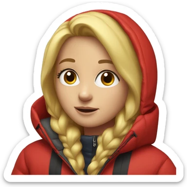 Blonde girl in oversized red hooded puffer jacket  sticker