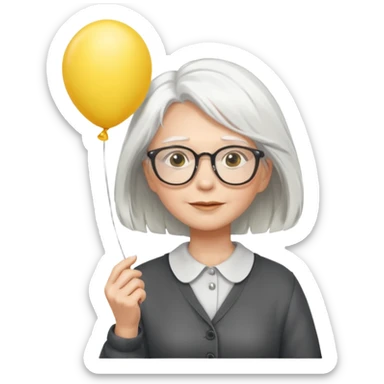 woman with wind white hair and wearing glasses, holding yellow balloon sticker