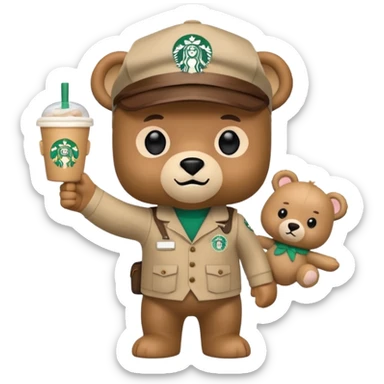A Funko pop-style bear starbucks worker pointing to the left and holding a plushie with a visor on its head CARTOONISH AND CUTE.  sticker