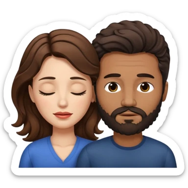 White woman (brown hair with eyes closed) and brown man with black wavy hair (has a a beard with his eyes closed too). The woman has her lips on the forehead of the man. sticker