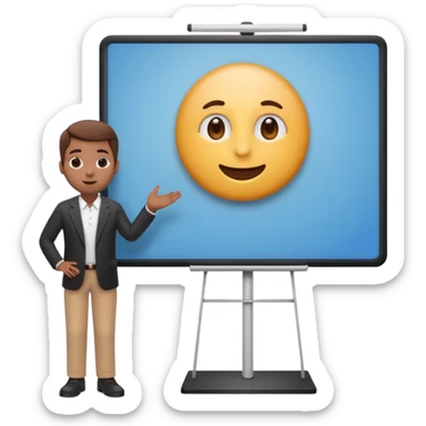A clean emoji-style illustration of a person giving a presentation, standing next to a large presentation board on a stand, the board is oversized and clearly visible, no podium, no desk, no table, friendly proportions, soft 3D emoji style sticker