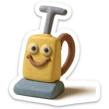 close-up of a playful upright vacuum with an expressive face in claymation style, pastel colors, detailed clay texture sticker