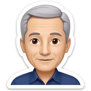 Respected Puerto Rican actor in his 60s, fair skin, round face with broad cheekbones, lively brown eyes, thick eyebrows, straight nose, short gray hair combed to the side with receding hairline, clean-shaven, friendly smile, wearing navy blue button-up shirt sticker