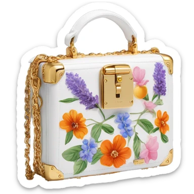Dolce and Gabbana small white box bag with colourful lavender light blue light green orange pink red summer print and golden detais 2023 sticker