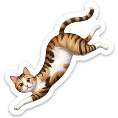 brown tabby and white cat with doing a big extremely long stretch reaching up into the air with arms and legs side by side together straight and overextended whilst lying on its side sticker