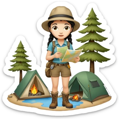 A braid black hair backpacking woman checking her map with curious eyes while walking wear camping hat and dirt covered boots full body sticker