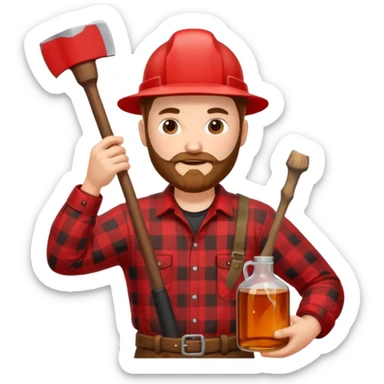 I want a Canadian lumberjack wearing a red and black plaid shirt drinking maple syrup out of the maple syrup bottle and holding a axe in the other sticker
