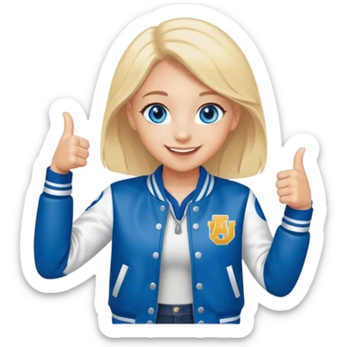 smiling girl in letterman jacket Blue eyes thumb up, Name is Tini, two Little daughters sticker