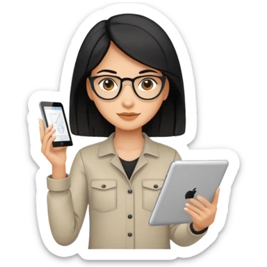 female UX designer with black hair holding a digital tablet and wireframes sticker