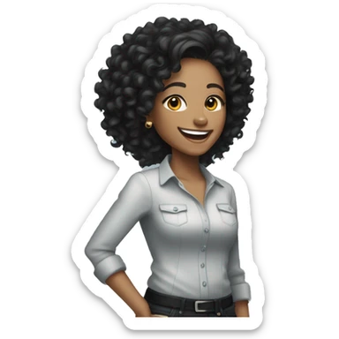 light skin woman with curly black hair expressing joy alongide a pocket pitbull sticker