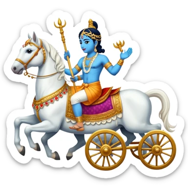 Lord Krishna driving a chariot ,seven white horses in front of the Chariot and Arjun riding the Chariot. sticker