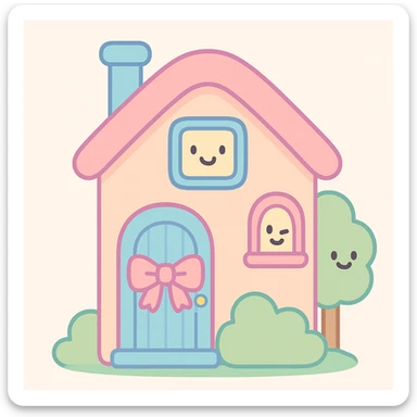 a pastel house, pink bow on the door, soft and dreamy, gentle hues sticker