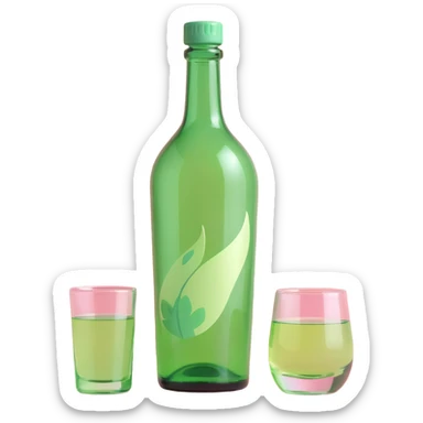 apple style 3D emoji of a green soju bottle and a small glass, soft highlights, cute proportions sticker