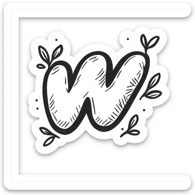 plump hand-drawn Wattpad logo 'w' shape with bold outline, expressive shadows and highlights, decorated with small leaves around the logo, no background sticker