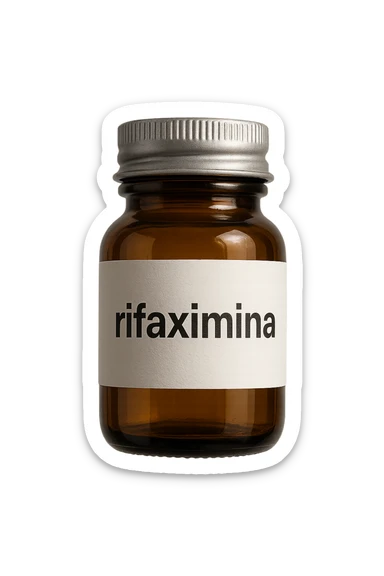 barattolo di medicinale con la scritta "rifaximina" sull'etichetta fluttua in aria, iperrealistico 4k sticker