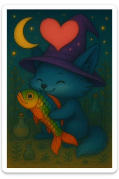 Change the witch hat on the blue fox to purple and add sparkles to the hat, keep the magical, witchy background and big pink heart, in ghibli style. sticker