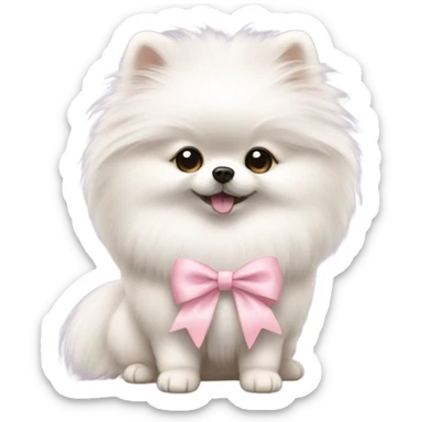 A white small Pomeranian with a cute little light pink bow on her hair sticker