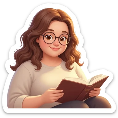 detailed emoji illustration of a curvy woman with long chestnut brown wavy hair, light brown eyes and round glasses, sitting comfortably and reading a book, warm sunlight, peaceful atmosphere, emoji style sticker
