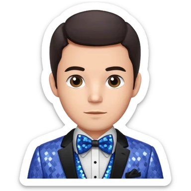 Jonathan Bailey with dark brown hair, perwinkle sequin suit with bow tie sticker