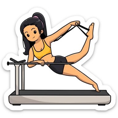 woman with bra, tanned long black hair, doing Pilates reformer sticker