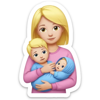 mother with yellow hair and pink shirt holding baby in blue pajamas, emoji style sticker