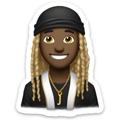 Kai Cenat with dreadlocks with durag on and a big smile wearing black shirt and gold chain sticker