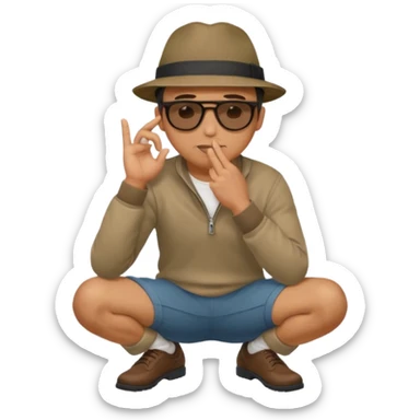 A man squatting down and holdig his hand flat a bit above the ground, like your pettig the air and while holding his finger to his mouth sticker