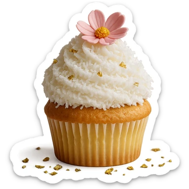 Change the icing to coconut (white, with a slightly textured or shredded coconut appearance), keep the realistic cupcake and accessories, photorealistic style, transparent background. sticker