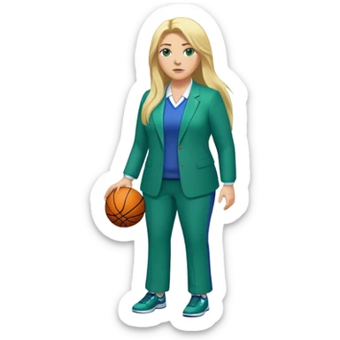 Full Body white plus size female basketball head coach with long blonde hair in a blue and green suit sticker