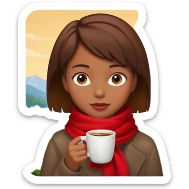 a girl with brown short hair, having red scarf, drink coffee, enjoy sticker