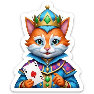 crazy colorful cute little cat jolly joker from poker, medieval, vintage, court jester, mac os icon, blue color, holds a poker card sticker