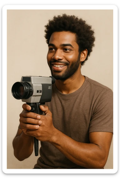 realistic illustration of a person of color holding a Super 8 camera, neutral background, friendly expression, clear detailed camera sticker