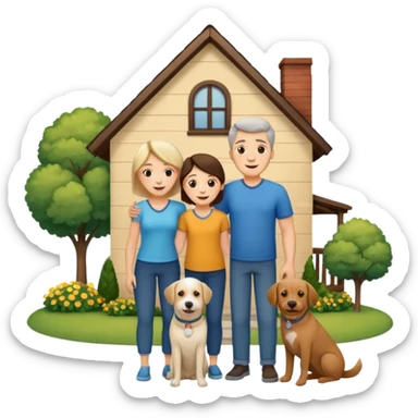 a mom and dad standing in front of a house with their son and a dog next to them sticker