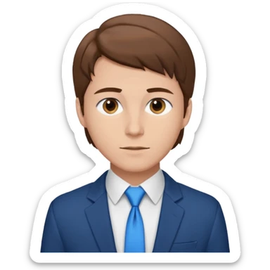 un homme type caucasien brun plutôt jeune avec des jolies traits avec une chemise blanche et une veste a manche longues et cravate bleu il a les yeux marron sticker