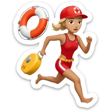 Female lifeguard – red cap, running along shore with rescue buoy sticker