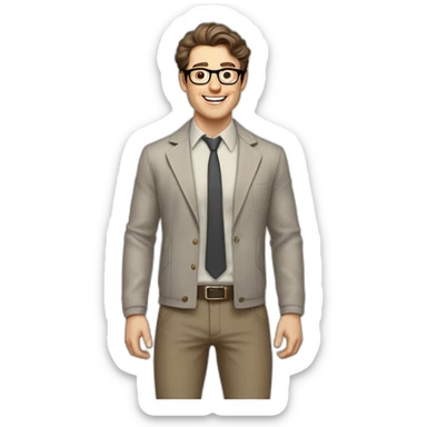Joyful Pale skinned Fit Man With dark brown hair in gray jacket, beige office shirt, Brown pants and vintage glasses. His thrumbs up sticker