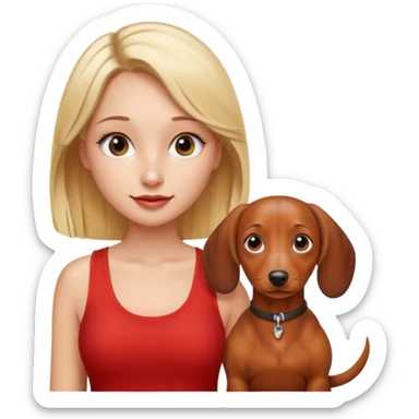 blonde girl with lashes and red tank top on and a brown and white dachshund  sticker