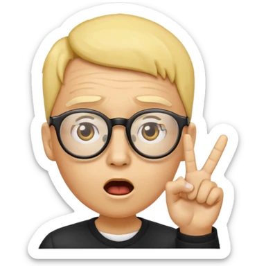 Generate a emoji head base with a shocked expression with a finger pushing the glasses down a little bit make the glasses tipped and make the head full yellow with a slight tint at the top with no hair also make the glasses tipped a 35 angle sticker