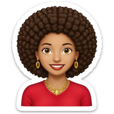 Brownskin girl dark brown hair afro brown eyes smiling red shirt gold esrrings gold necklace sticker