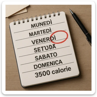 Hyperrealistic top-down view of a weekly calendar in Italian, showing days from Monday to Sunday. Friday is circled in red. Below both Saturday and Sunday, the text '3500 calorie' is clearly visible. The scene has 4K details and a desk atmosphere. sticker