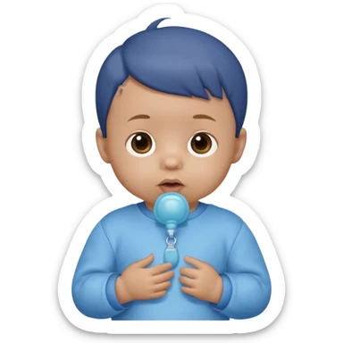 A cartoon baby with light skin, small tuft of hair, wearing a baby outfit, holding a pacifier, front-facing sticker