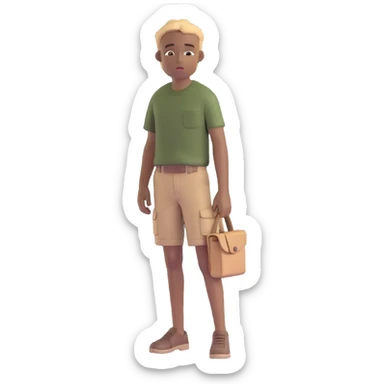 boy wearing an olive-green shirt over a brown T-shirt with beige cargo shorts sticker