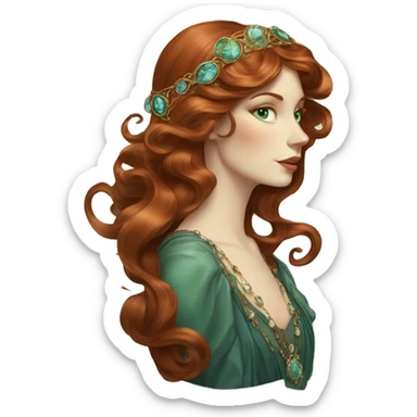 Art Nouveau lady with long swirling redbrown hair, bluegreen eyes, jewels sticker