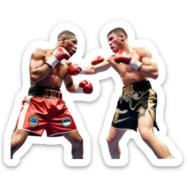  a high-stakes boxing match for the world championship title. Two professional boxers, wearing gloves and championship belts, exchange powerful punches in the center of the ring. The background features a packed arena with bright lights, a roaring crowd, and the championship banner hanging above.  sticker
