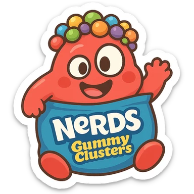 Nerds Gummy Clusters stylized as a cute mascot, bright colors, cartoon style sticker